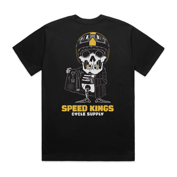 Black t-shirt with a skull wearing a helmet and jacket design, and 'Speed Kings Cycle Supply' text. The Parts Peddler Tee