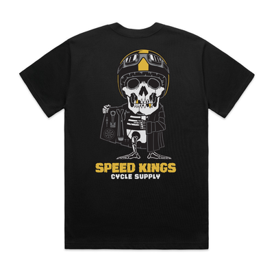Black t-shirt with a skull wearing a helmet and jacket design, and 'Speed Kings Cycle Supply' text. The Parts Peddler Tee