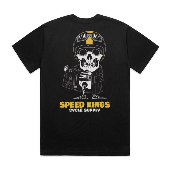 Black t-shirt with a skull wearing a helmet and jacket design, and 'Speed Kings Cycle Supply' text. The Parts Peddler Tee