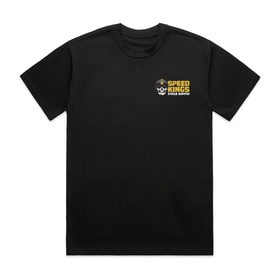 Black t-shirt with Speed Kings Cycle Supply logo on a white background