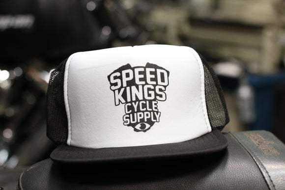 WHITE PANEL FLAT BILL TRUCKER HAT