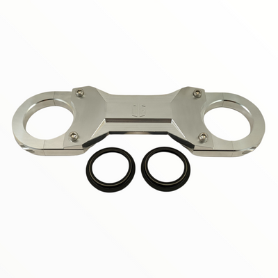 Silver billet aluminum motorcycle top triple clamp with two fork seals