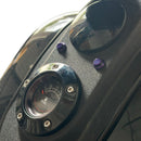 Bamco ARP stainless steel bolts with purple heads installed on Harley-Davidson fuel gauge bezel