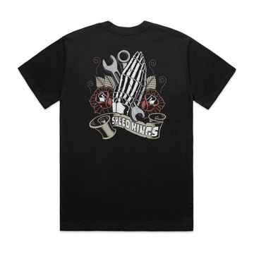 Black t-shirt with a graphic design on the back featuring a hand holding a wrench and the text 'Speed Kings' on a white background.