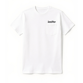 White t-shirt with a Speed Kings Cycle Supply USA logo on the chest above the pocket. The perfect shop or garage tee.
