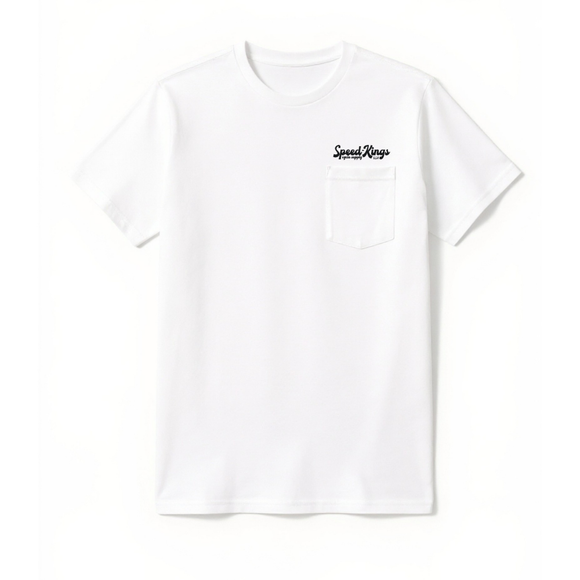 White t-shirt with a Speed Kings Cycle Supply USA logo on the chest above the pocket. The perfect shop or garage tee.