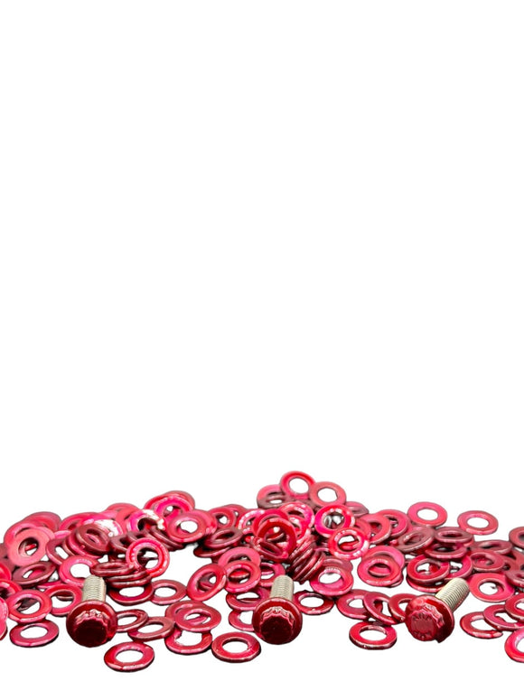 ARP stainless steel Harley-Davidson bolts by Bamco with scattered red washers on white background