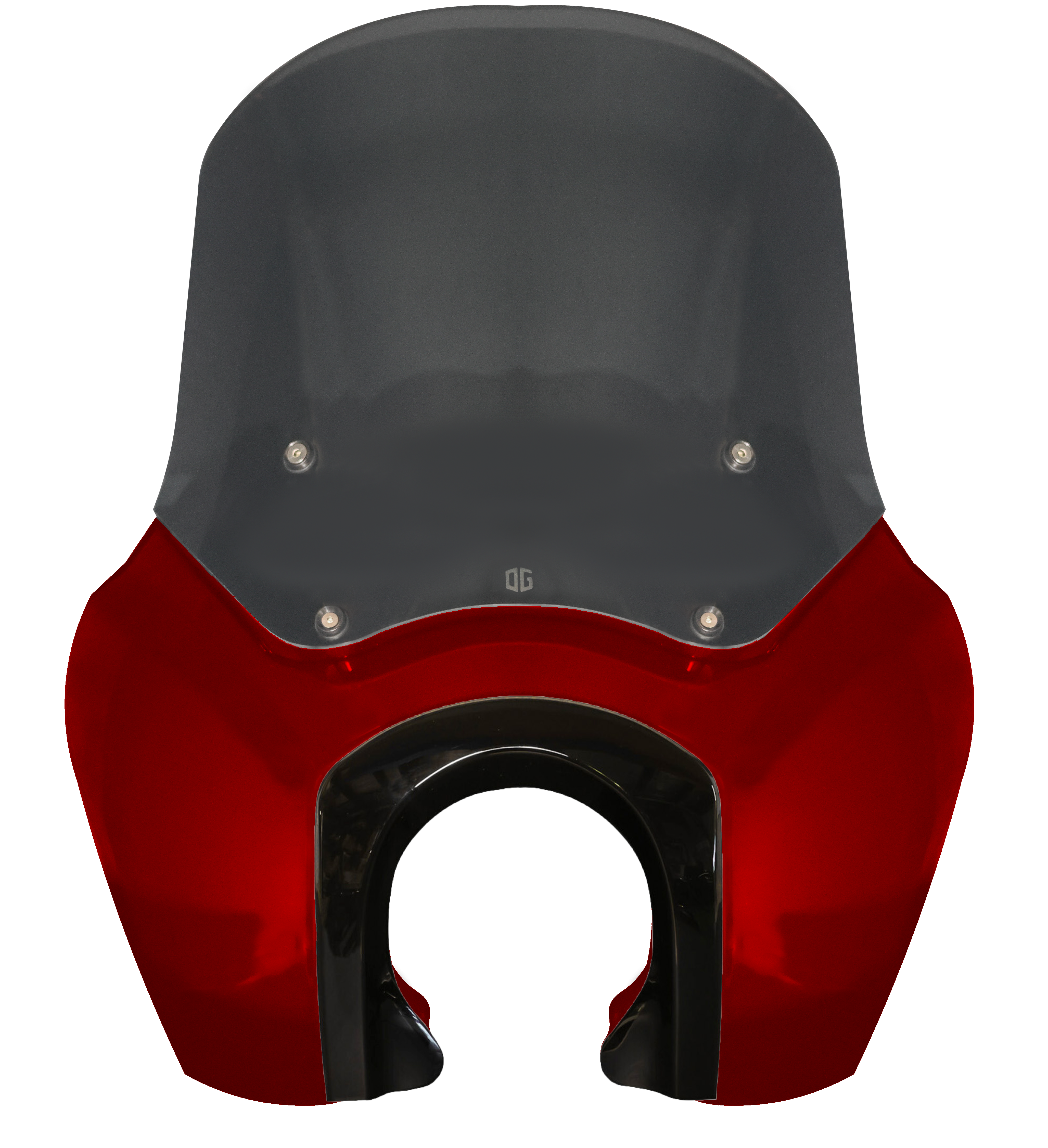 Red motorcycle front fairing with smoked windshield and headlight cutout