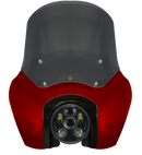 Red motorcycle front fairing with smoked windshield and round LED projector headlight
