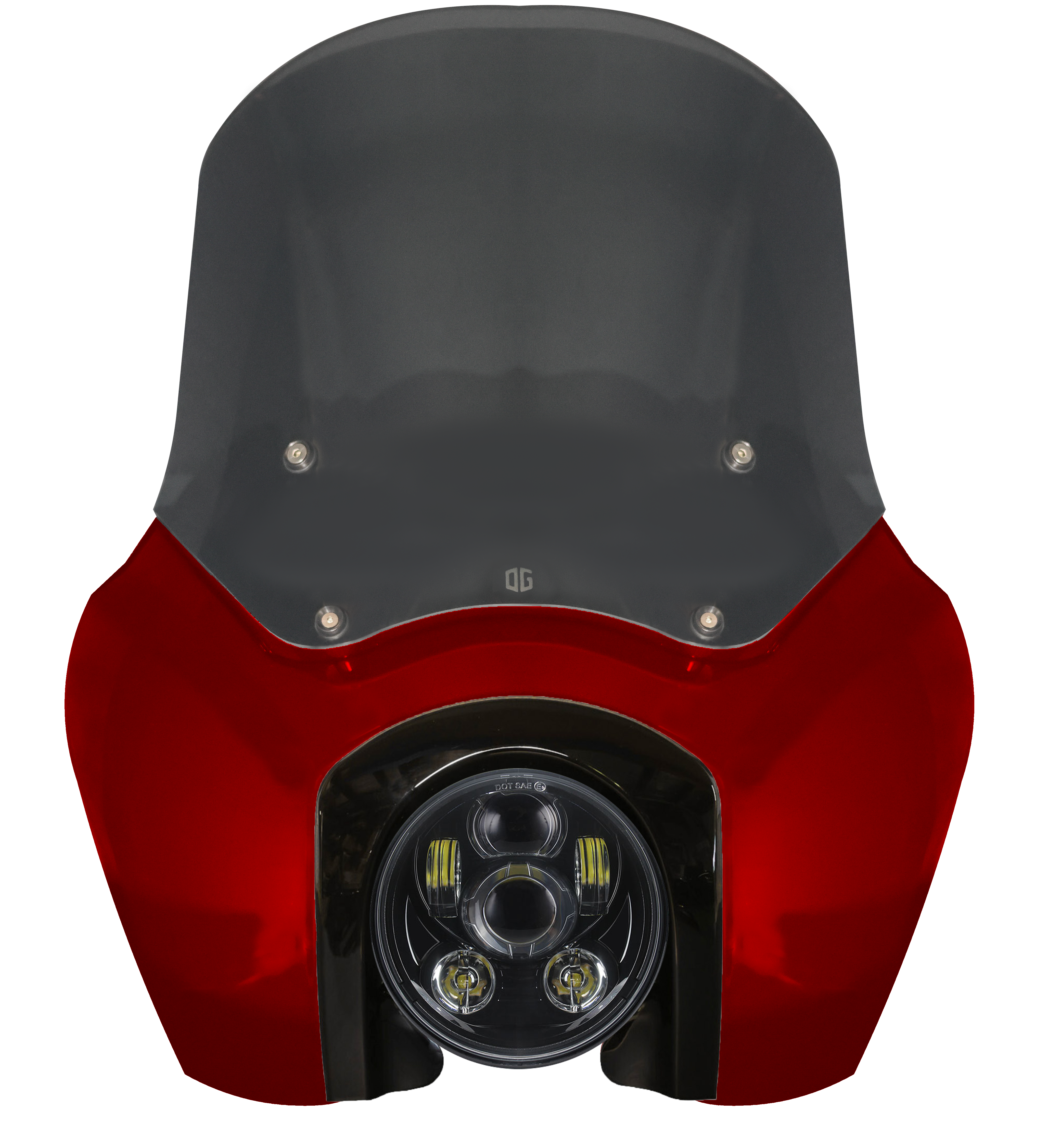 Red motorcycle front fairing with smoked windshield and round LED projector headlight