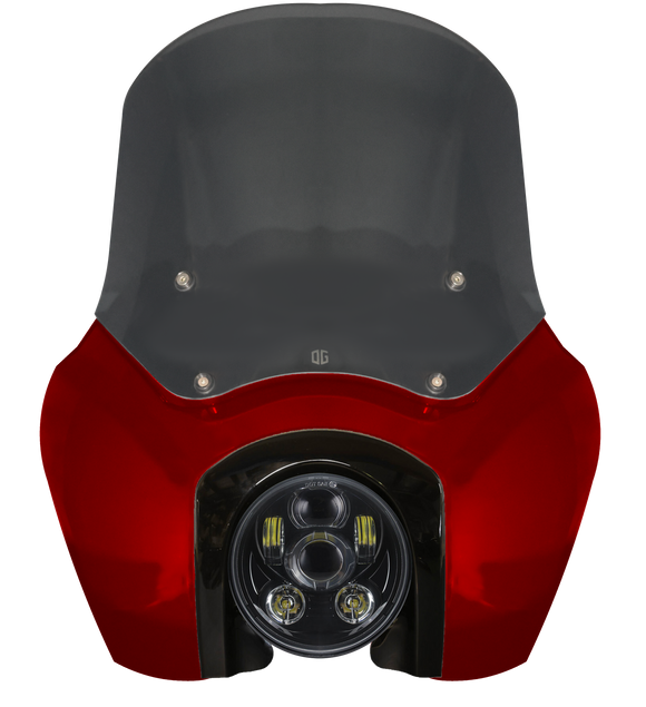 Red motorcycle front fairing with smoked windshield and round LED projector headlight