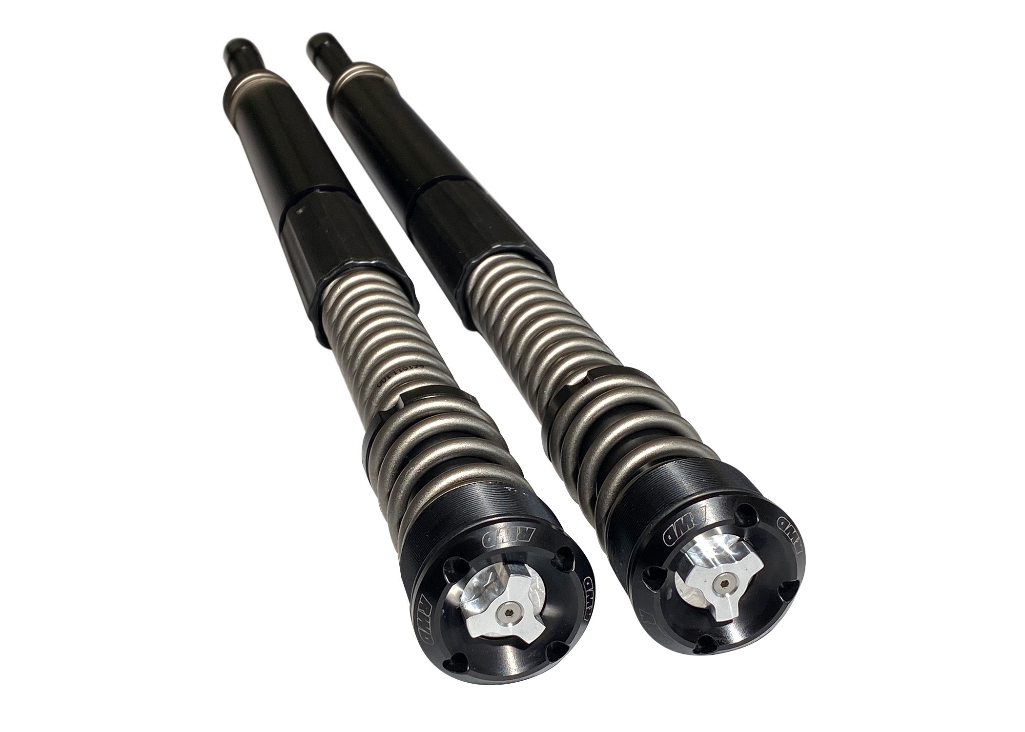 RWD V-Twin RS-1F Dyna front fork cartridge system pair with coil springs and black adjustment caps