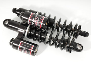 RWD V-Twin RS-2 rear shock absorbers for Harley FXR pair with remote reservoirs, black finish
