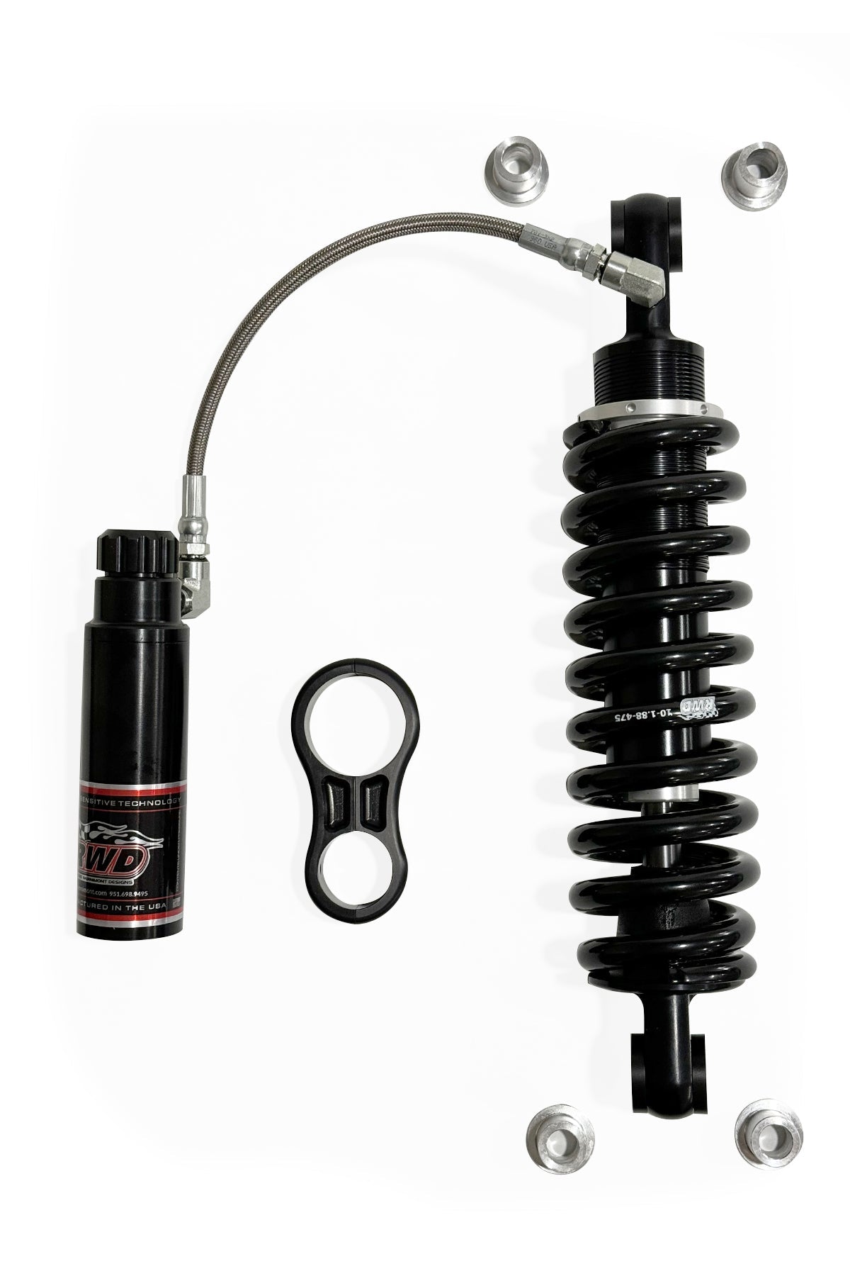 RWD V-Twin RS-2 13.5" rear monoshock shock absorber for 2018+ Harley-Davidson Softail with remote reservoir, braided hose, black anodized body and preload-adjustable Eibach spring