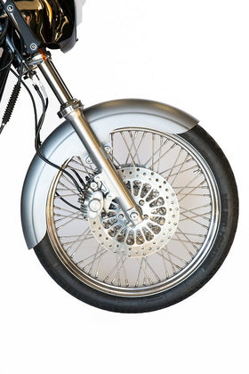 RWD V-Twin 21-inch front 4.5-inch wide universal motorcycle fender, one-piece stamped 14 gauge steel with bodyline, very little body work needed, easy to paint, direct bolt on spacers needed