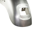 A close-up of a raw metal RWD V-Twin rear fender with a square cutout for a taillight and mounting holes visible.