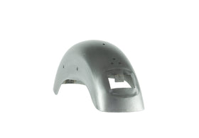 A raw metal RWD V-Twin motorcycle fender with pre-drilled holes and a cut-out for a taillight, viewed from a slight angle against a white background.