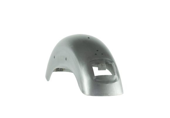 A raw metal RWD V-Twin motorcycle fender with pre-drilled holes and a cut-out for a taillight, viewed from a slight angle against a white background.