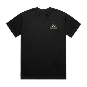 Black t-shirt with an all seeing eye design on the chest against a white background