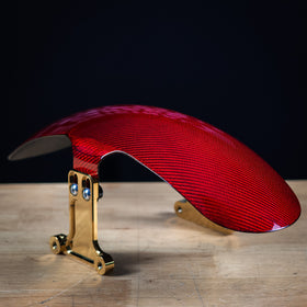 Red carbon fiber shorty touring motorcycle fender with gold mounting bracket