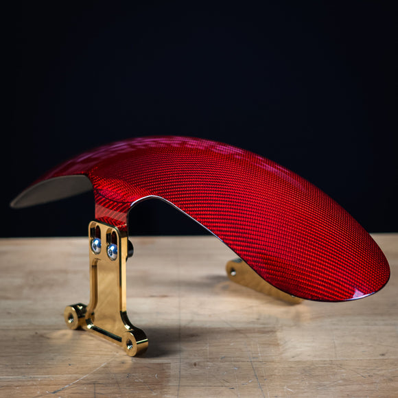 Red carbon fiber touring shorty motorcycle fender with gold mounting bracket