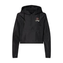 Black crop anorak jacket for women with a rose graphic design against a white background