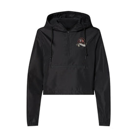 Black crop anorak jacket for women with a rose graphic design against a white background