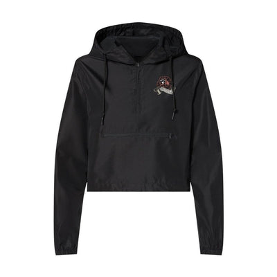 Black crop anorak jacket for women with a rose graphic design against a white background