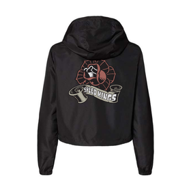 Black crop anorak jacket for women with a rose graphic design on the back against a white background