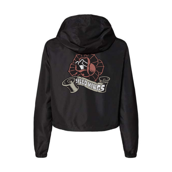 Black crop anorak jacket for women with a rose graphic design on the back against a white background