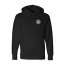 Black moto hoodie with SKC logo on the chest against a white background