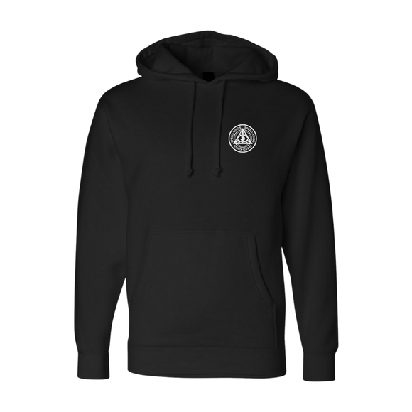 Black moto hoodie with SKC logo on the chest against a white background