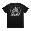 Black t-shirt with white running pyramid graphic from Speed-Kings Cycle