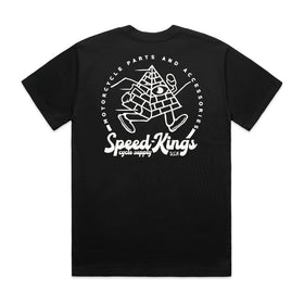 Black t-shirt with white running pyramid graphic from Speed-Kings Cycle