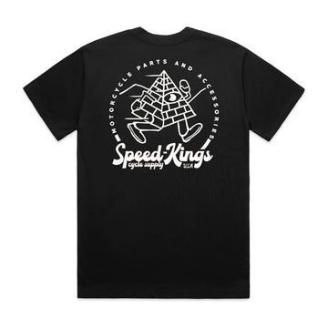 Black t-shirt with white running pyramid graphic from Speed-Kings Cycle