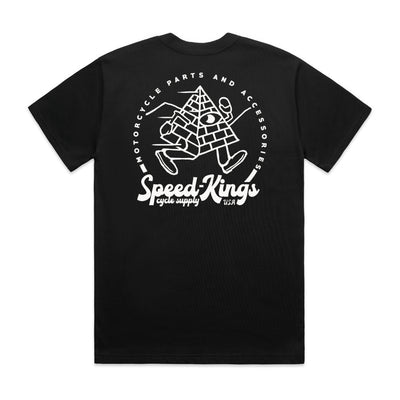 Black t-shirt with white running pyramid graphic from Speed-Kings Cycle
