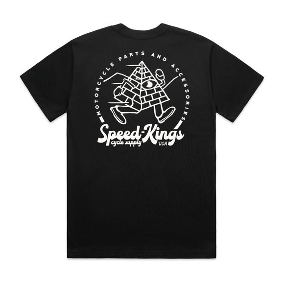 Black t-shirt with white running pyramid graphic from Speed-Kings Cycle