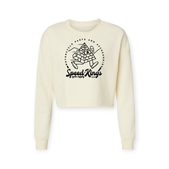 Women's Off-white sweatshirt with black running pyramid moto graphic and text on a white background