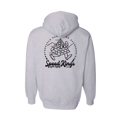 Gray hoodie with Running Pyramid by Speed Kings and text on the back against a white background
