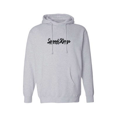 Gray hoodie with 'Speed Kings' logo on a white background