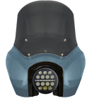 Blue motorcycle fairing with LED projector headlight and smoked windshield