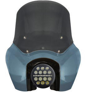 Blue motorcycle fairing with LED projector headlight and smoked windshield