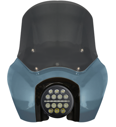 Blue motorcycle fairing with LED projector headlight and smoked windshield