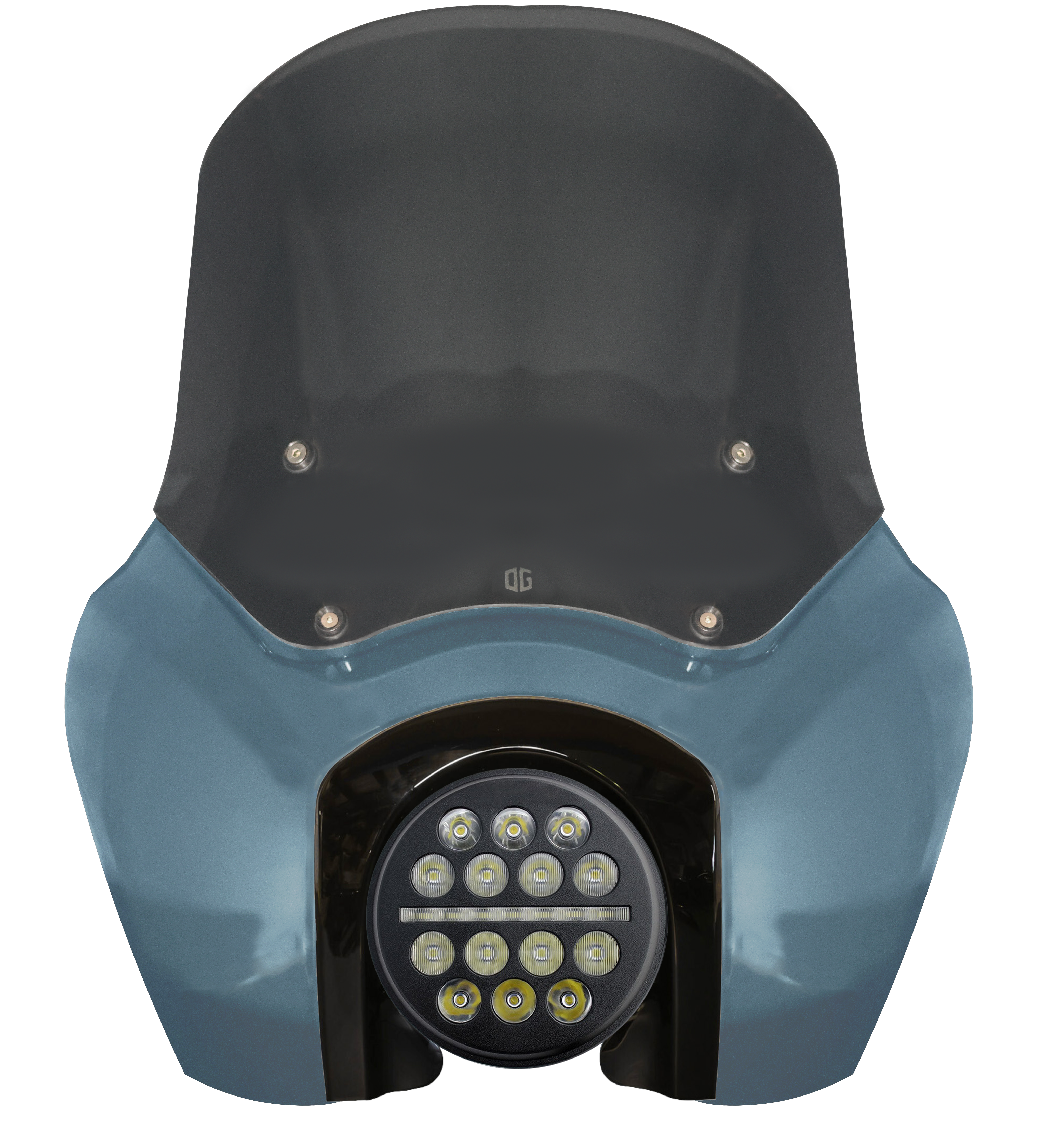 Blue motorcycle fairing with LED projector headlight and smoked windshield