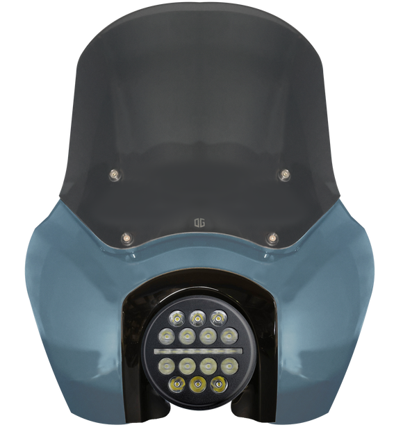 Blue motorcycle fairing with LED projector headlight and smoked windshield