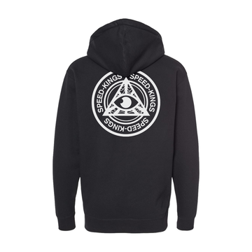 Black hoodie with a white Speed Kings Logo on the back against a white background