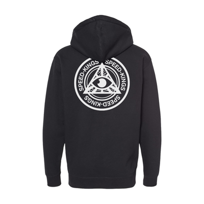Black hoodie with a white Speed Kings Logo on the back against a white background