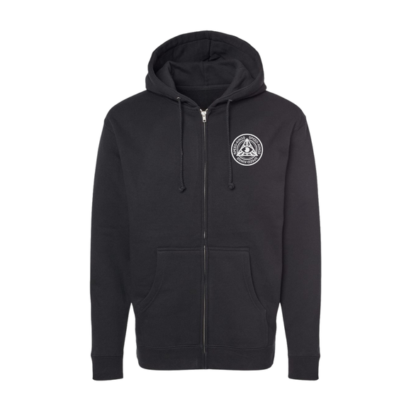 Black zip up hoodie with a Speed Kings Circle logo on the chest against a white background