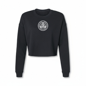 Women's black motorcycle cropped sweatshirt with a white Speed-Kings emblem on a white background