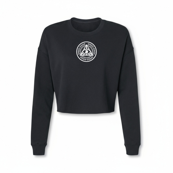Women's black motorcycle cropped sweatshirt with a white Speed-Kings emblem on a white background
